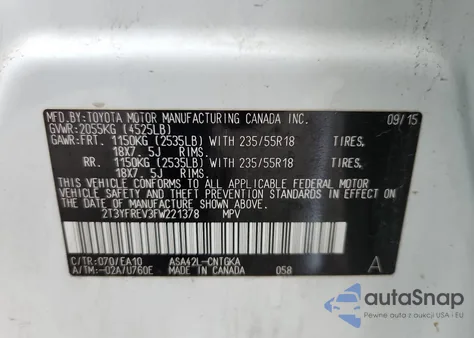 2015 Toyota Rav4 Limited из США, поврежденный, VIN 2T3YFREV3FW221378